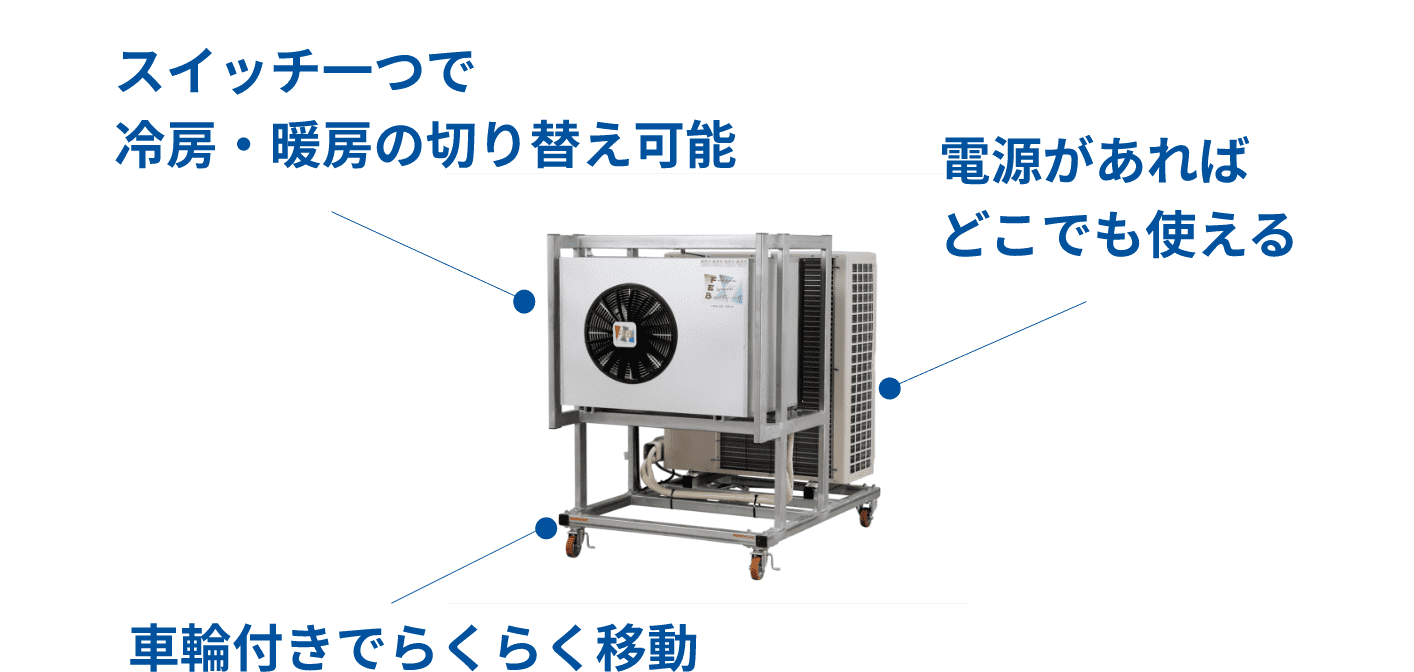 スイッチ一つで冷房・暖房の切り替えが可能 電源があればどこでも使える 車輪付きでらくらく移動